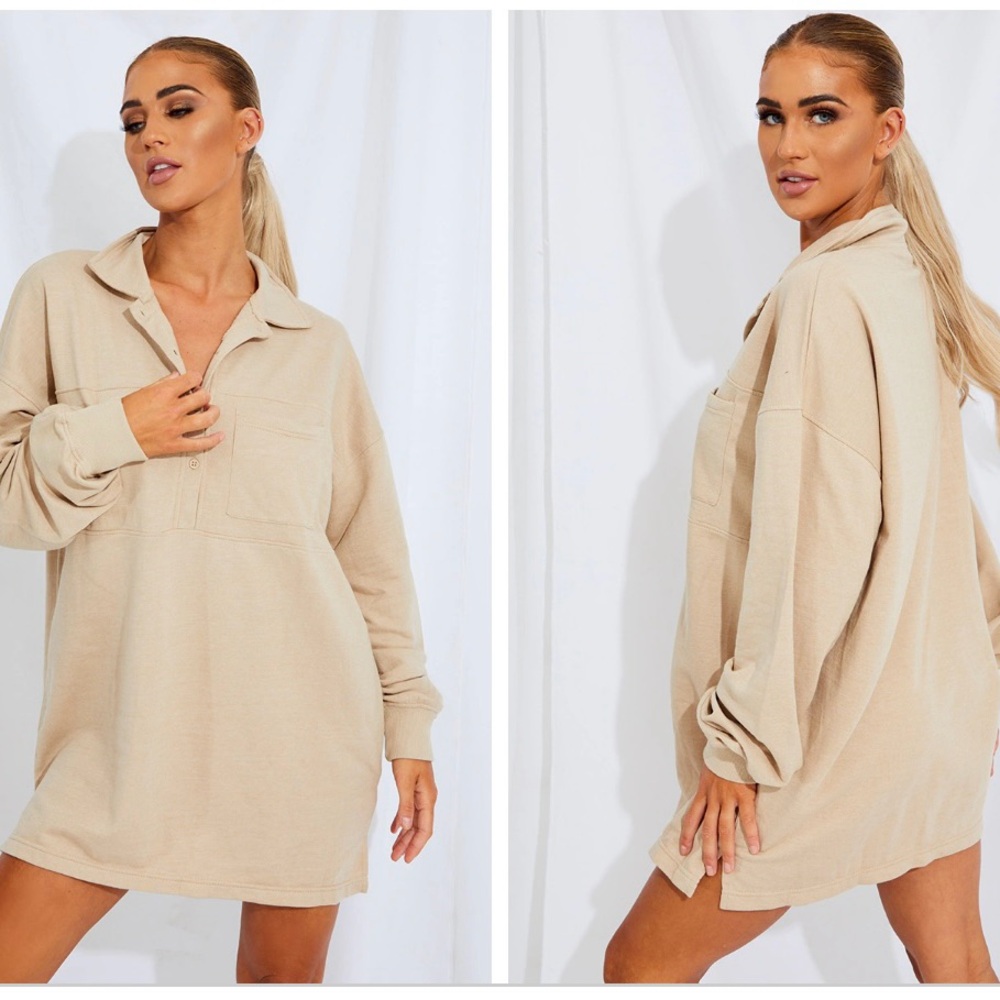 EUC PrettyLittleThing Women Stone Polo Collar Sweatshirt Mini Dress Size US 1